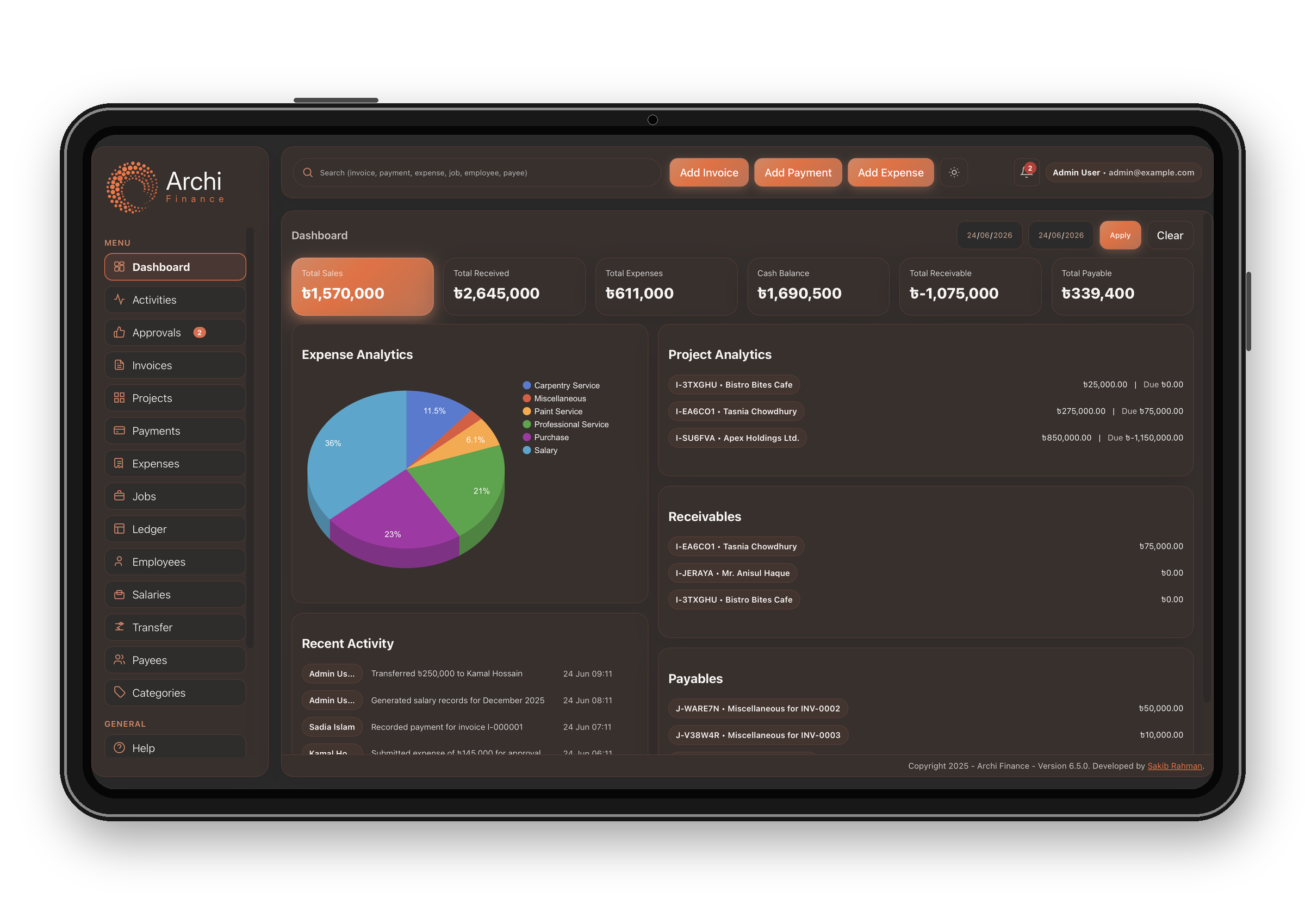 Archi Finance dashboard preview